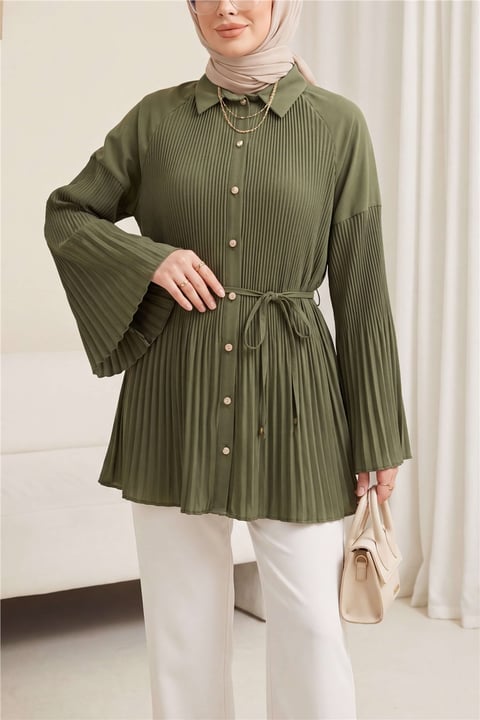 Beli Bağlamalı Taşlı Düğmeli Pliseli Poplin Tunik -Haki-Tunik-398-11064-R05