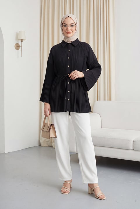 Beli Bağlamalı Taşlı Düğmeli Pliseli Poplin Tunik -Siyah