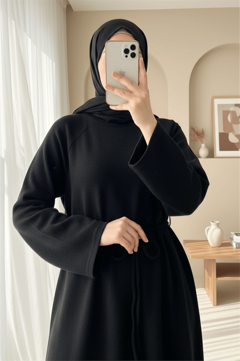 Beli Bağlamalı Yuvarlak Yaka Selanik Elbise -Siyah-Elbise-253-13092-R01