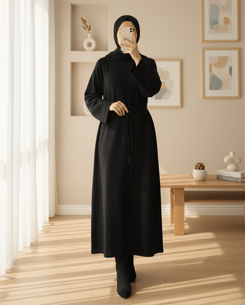 Beli Bağlamalı Yuvarlak Yaka Selanik Elbise -Siyah-Elbise-253-13092-R01