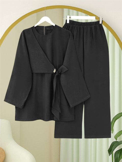 Takım-Beli Çapraz Bağlamalı Pantolonlu Modal Takım  -Siyah-120-1702-R01