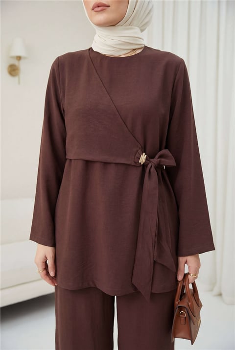 Beli Çapraz Bağlamalı Pantolonlu Modal Takım  -K. Kahve-Takım-120-1702-R54