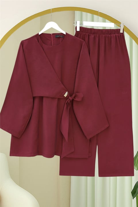 Beli Çapraz Bağlamalı Pantolonlu Modal Takım  -Bordo-Takım-120-1702-R04