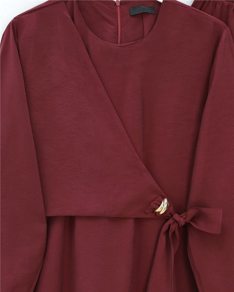 Beli Çapraz Bağlamalı Pantolonlu Modal Takım  -Bordo-Takım-120-1702-R04