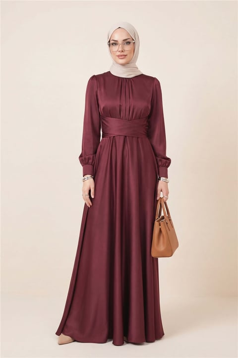 Beli Çapraz Bağlamalı Yuvarlak Yaka Saten Elbise -Bordo-Abiye-386-6297-R04