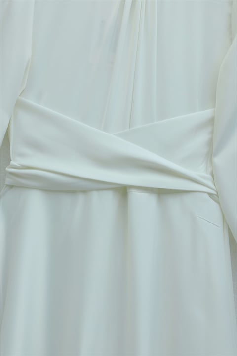 Beli Çapraz Bağlamalı Yuvarlak Yaka Saten Elbise -Beyaz-Abiye-386-6297-R02