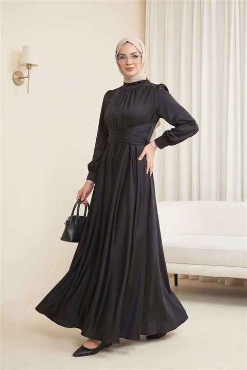 Beli Çapraz Bağlamalı Yuvarlak Yaka Saten Elbise -Siyah-Abiye-386-6297-R01