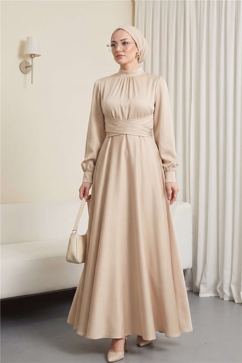 Beli Çapraz Bağlamalı Yuvarlak Yaka Saten Elbise -Bej-Abiye-386-6297-R56