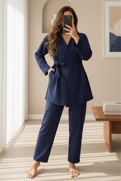 Beli Çift Bağlamalı Scuba Kimono Takım  -Laci-Takım-349-7085-R03