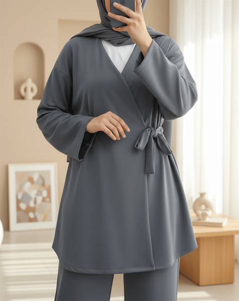 Beli Çift Bağlamalı Scuba Kimono Takım  -Füme-Takım-349-7085-R18