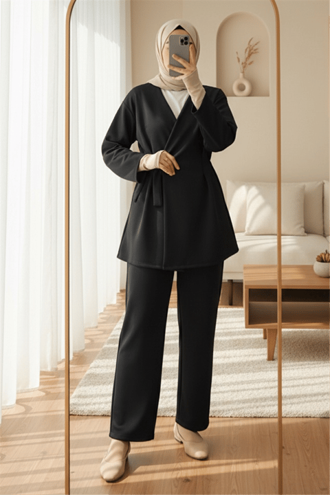 Beli Çift Bağlamalı Scuba Kimono Takım  -Siyah-Takım-349-7085-R01