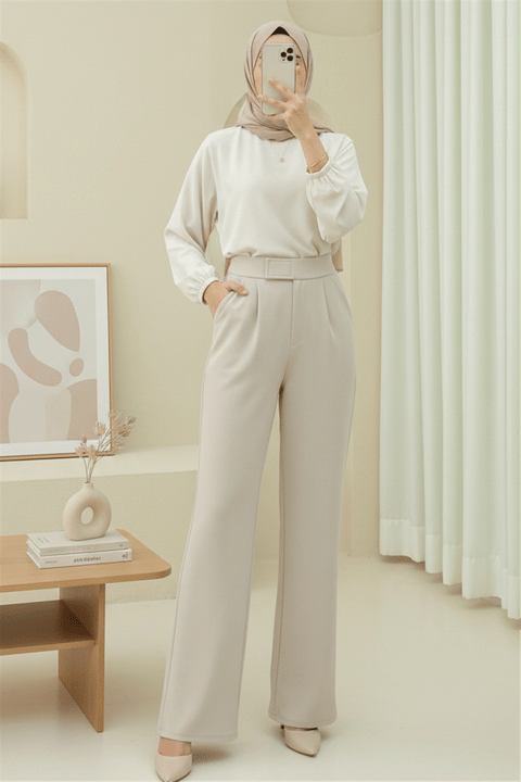 Beli Cırtcırt Detay Boru Paça Kumaş Pantolon  -Bej-Pantolon-400-1155-R56