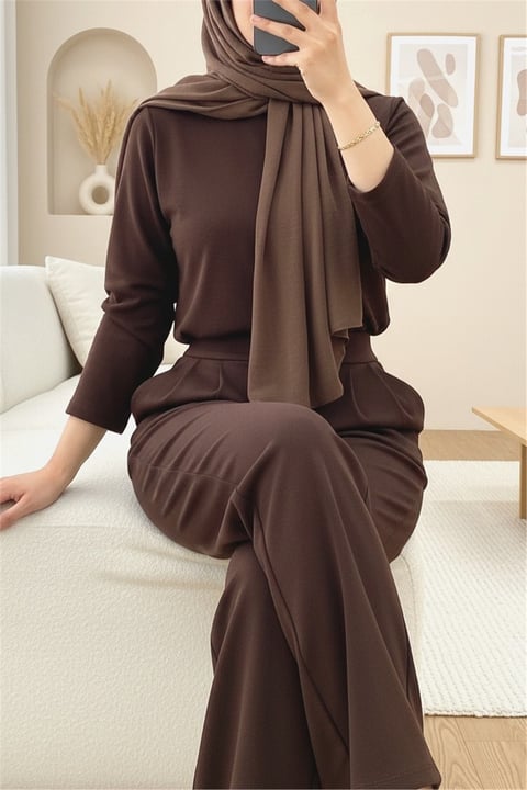 Beli Cırtcırt Detay Boru Paça Kumaş Pantalon  -Kahve-Pantolon-400-1155-R15