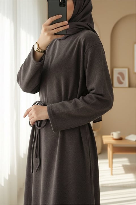 Beli Drapeli Çift Bağcıklı  Selanik Uzun Elbise -Kahve-Elbise-253-13116-R15