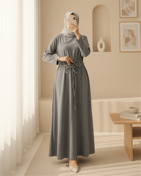 Elbise-Beli Drapeli Çift Bağcıklı  Selanik Uzun Elbise -Gri-253-13116-R11
