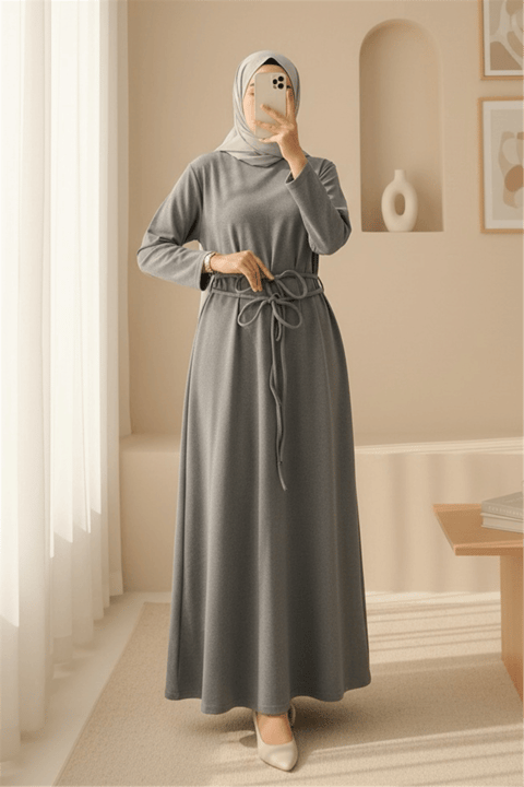 Beli Drapeli Çift Bağcıklı  Selanik Uzun Elbise -Gri-Elbise-253-13116-R11