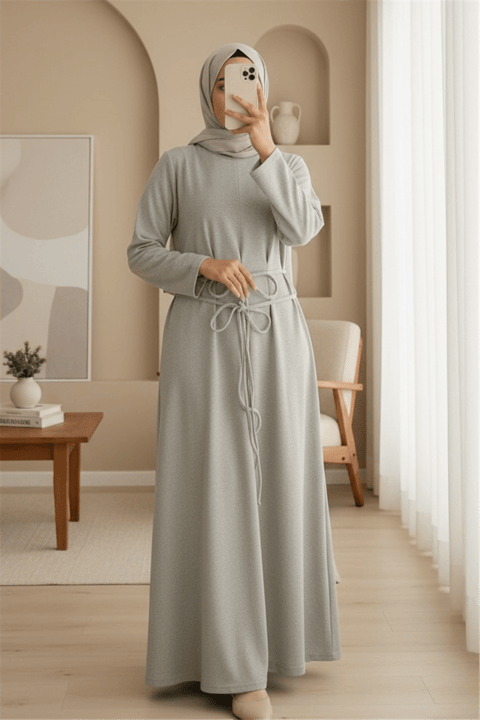 Beli Drapeli Çift Bağcıklı  Selanik Uzun Elbise -Bej-Elbise-253-13116-R56