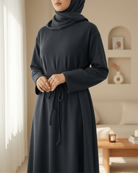 Beli Drapeli Çift Bağcıklı  Selanik Uzun Elbise -Antrasit-Elbise-253-13116-R64