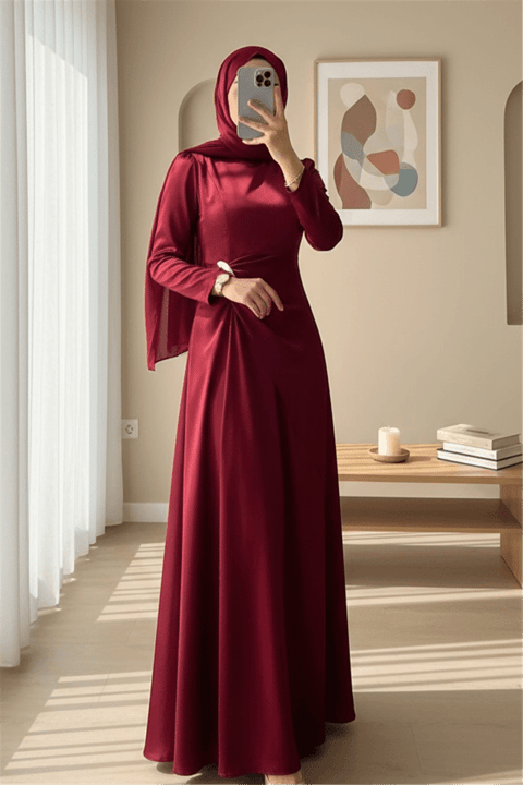 Beli Drapeli Düz Saten Elbise -Bordo-Elbise-114-5128-R04