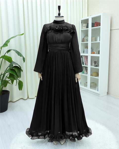 Abiye-Beli Drapeli Kolu Lastikli Göğsü Ve Eteği Fırfır Detaylı Janjan Abiye -Siyah-316-4823-R01