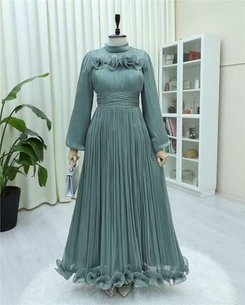 Abiye-Beli Drapeli Kolu Lastikli Göğsü Ve Eteği Fırfır Detaylı Janjan Abiye -Mint-316-4823-R24