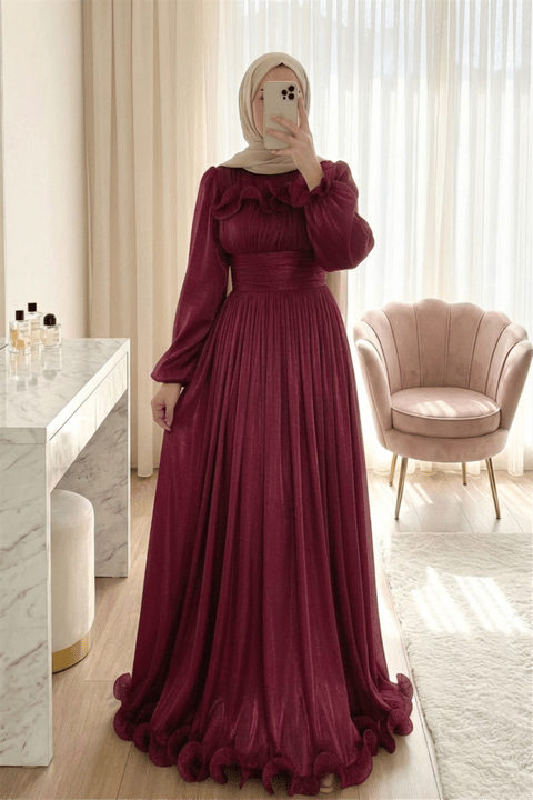 Beli Drapeli Kolu Lastikli Göğsü Ve Eteği Fırfır Detaylı Janjan Abiye  -Bordo-Abiye-316-4823-R04