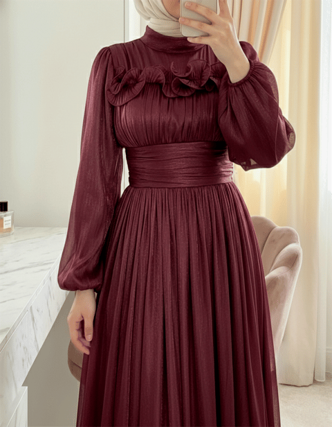 Beli Drapeli Kolu Lastikli Göğsü Ve Eteği Fırfır Detaylı Janjan Abiye  -Bordo-Abiye-316-4823-R04