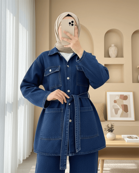 Beli Kemerli Cepli Önü Düğmeli Kot Takım -İndigo-Takım-349-202504-R21