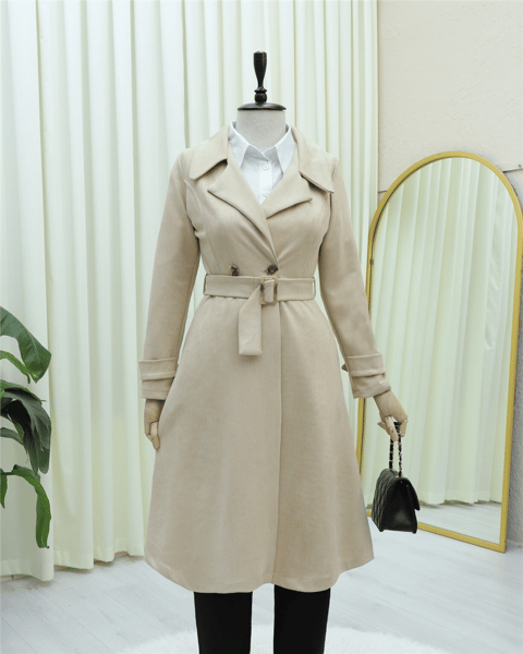 Beli Kemerli Cepli Süet Kap -Bej-Trençkot-386-6246-R56