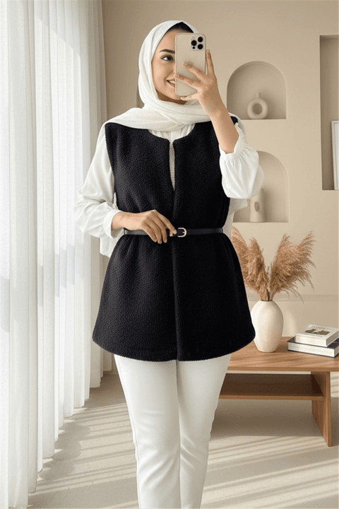 Beli Kemerli Çift Cepli Astarlı Peluş Yelek -Siyah-Yelek-253-12974-R01