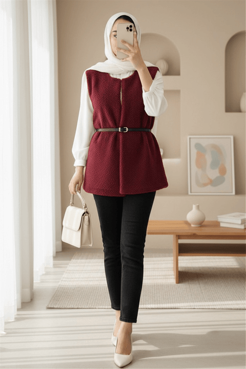 Beli Kemerli Çift Cepli Astarlı Peluş Yelek -Bordo-Yelek-253-12974-R04