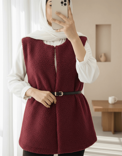 Beli Kemerli Çift Cepli Astarlı Peluş Yelek -Bordo-Yelek-253-12974-R04