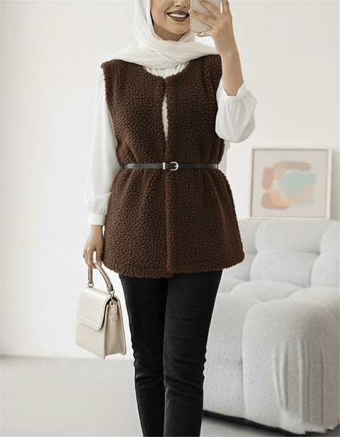 Beli Kemerli Çift Cepli Astarlı Peluş Yelek -Kahve-Yelek-253-12974-R15