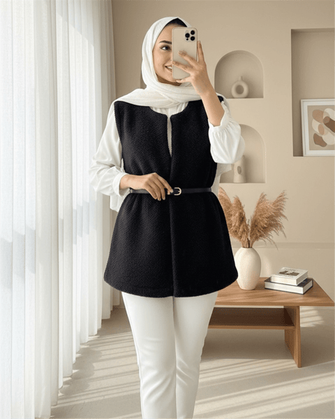 Beli Kemerli Çift Cepli Astarlı Peluş Yelek -Siyah-Yelek-253-12974-R01
