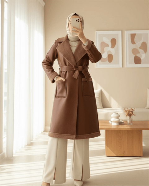 Beli Kemerli Çift Cepli İçi Kürklü Deri Kaban -Taba-Kaban-386-6239-R12