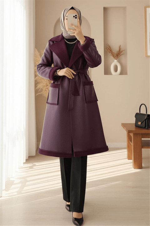 Beli Kemerli Çift Cepli İçi Kürklü Deri Kaban -Mürdüm-Kaban-386-6239-R09