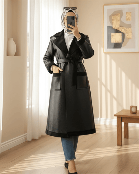Beli Kemerli Çift Cepli İçi Kürklü Deri Kaban -Siyah-Kaban-386-6239-R01