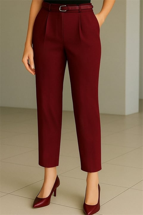 Beli Kemerli Çift Cepli Pantolon  -Bordo-Pantolon-138-6725-R04