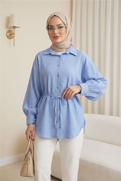Beli Kemerli Dikiş Ve Pul Detaylı Düğmeli Gömlek -Mavi-Gömlek-398-11000-R31