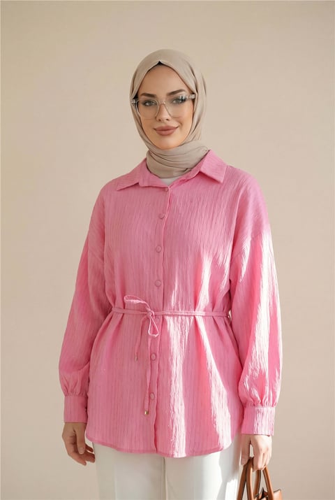 Beli Kemerli Dikiş Ve Pul Detaylı Düğmeli Gömlek -Pembe-Gömlek-398-11000-R20