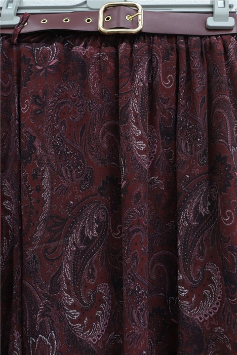 Beli Kemerli Fularlı Astarlı Etekli Şifon Takım  -Bordo-Takım-349-8076-R04