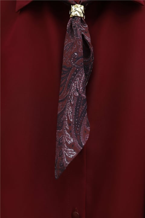 Beli Kemerli Fularlı Astarlı Etekli Şifon Takım  -Bordo-Takım-349-8076-R04