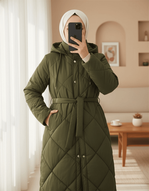 Beli Kemerli Önü Çıtçıtlı Kapşonlu Astarlı Uzun Kapitone Mont -Haki-Mont-414-4959-R05