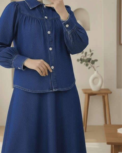 Beli Kemerli Önü Düğmeli Etekli Kot Takım -Laci-Takım-346-001-R03