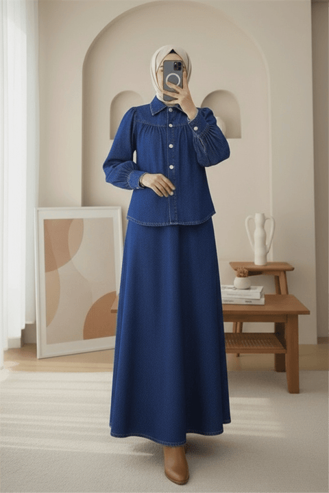 Beli Kemerli Önü Düğmeli Etekli Kot Takım -Laci-Takım-346-001-R03