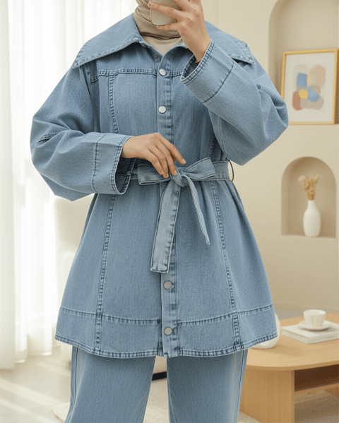 Beli Kemerli Önü Düğmeli Pantolonlu Kot Takım -Buz Mavi-Takım-197-4084-R37