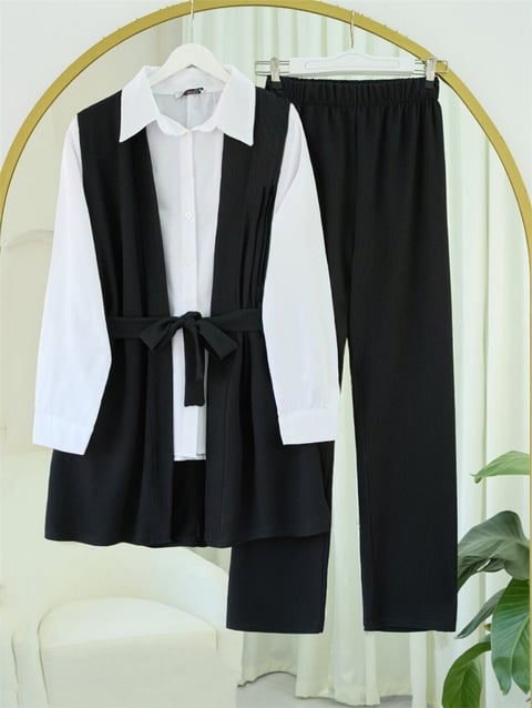 Beli Kemerli Yan Cepli Yelek Pantolon Krinkıl Takım -Siyah-Takım-326-10062-R01