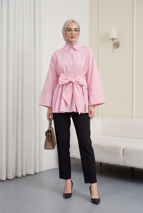 Beli Korsajlı Gizli Patlı Kuşaklı Poplin Tunik -Pembe-Tunik-111-22042-R20