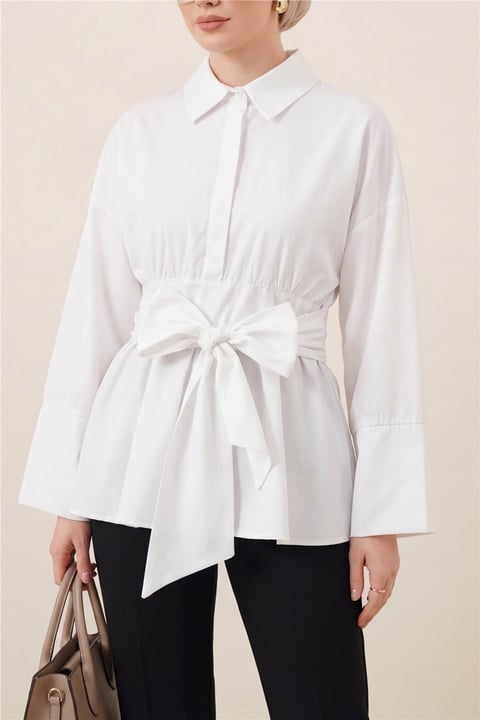 Beli Korsajlı Gizli Patlı Kuşaklı Poplin Tunik -Beyaz-Tunik-111-22042-R02