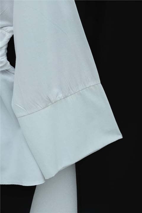Beli Korsajlı Gizli Patlı Kuşaklı Poplin Tunik -Beyaz-Tunik-111-22042-R02